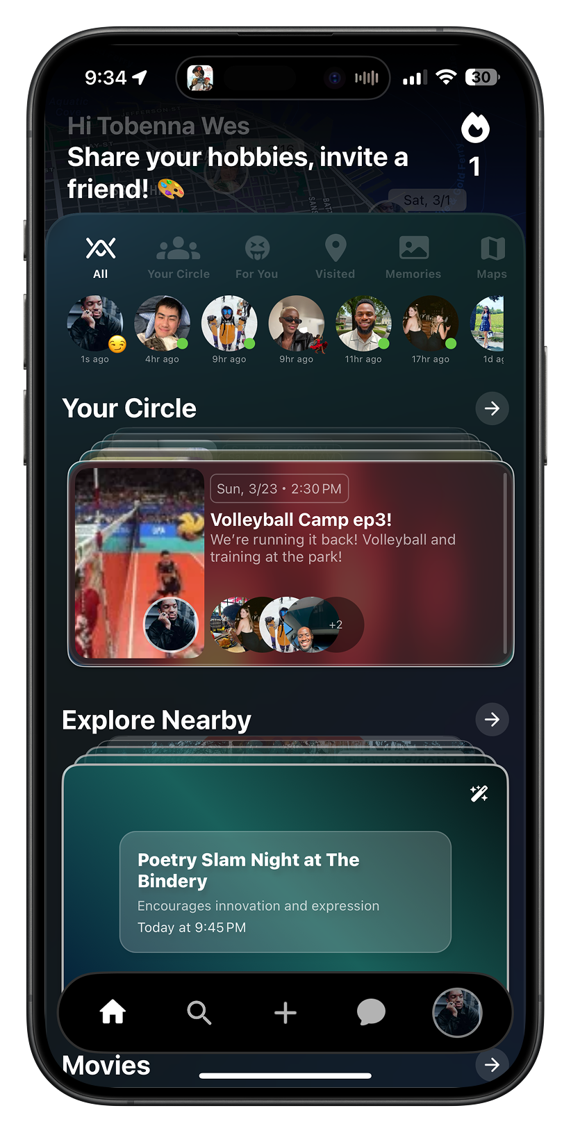 Screenshot of TheMove app interface showing event planning features