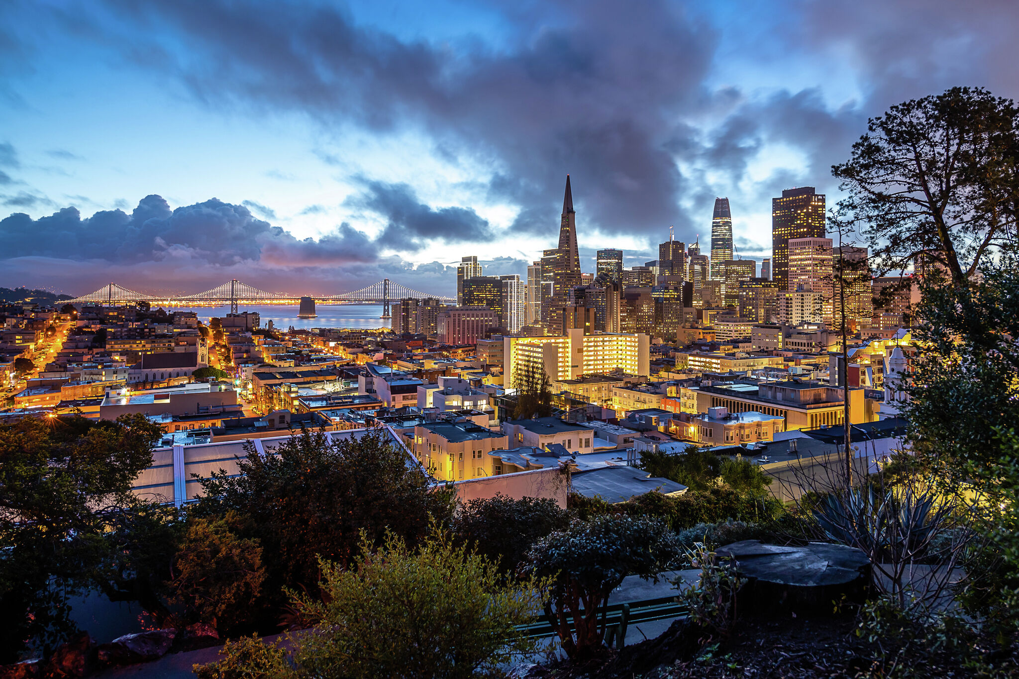 View from Ina Coolbrith Park with downtown San Francisco and Bay Bridge visible